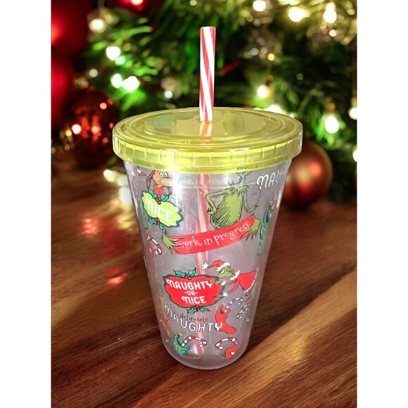 Dr. Seuss The Grinch Plastic 16 oz. Tumbler w/ Candy Cane Straw "Naughty or Nice - Picture 3 of 5